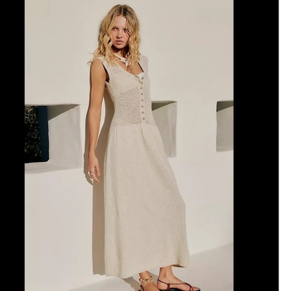 Free People Cream Knit Button-Front Midi Dress